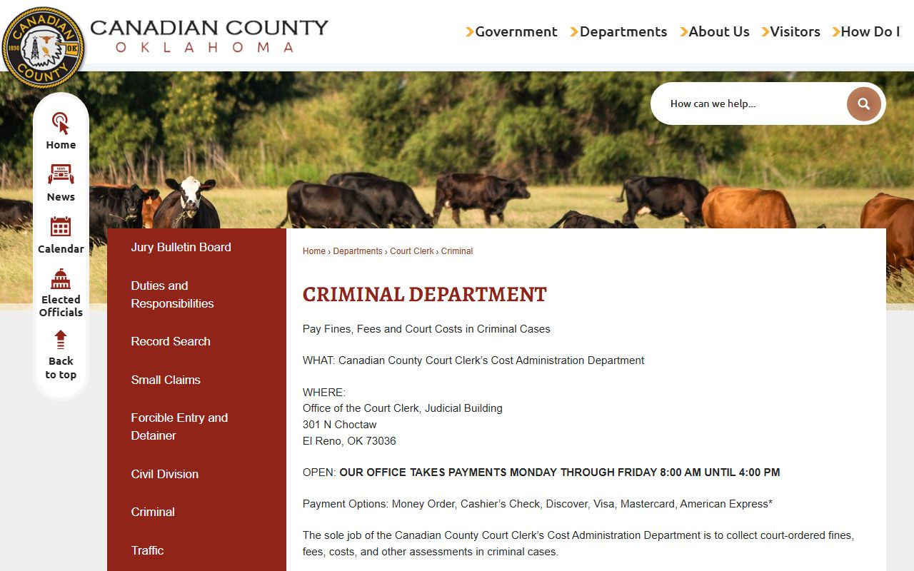 Canadian County Court Clerk criminal court records and cost page