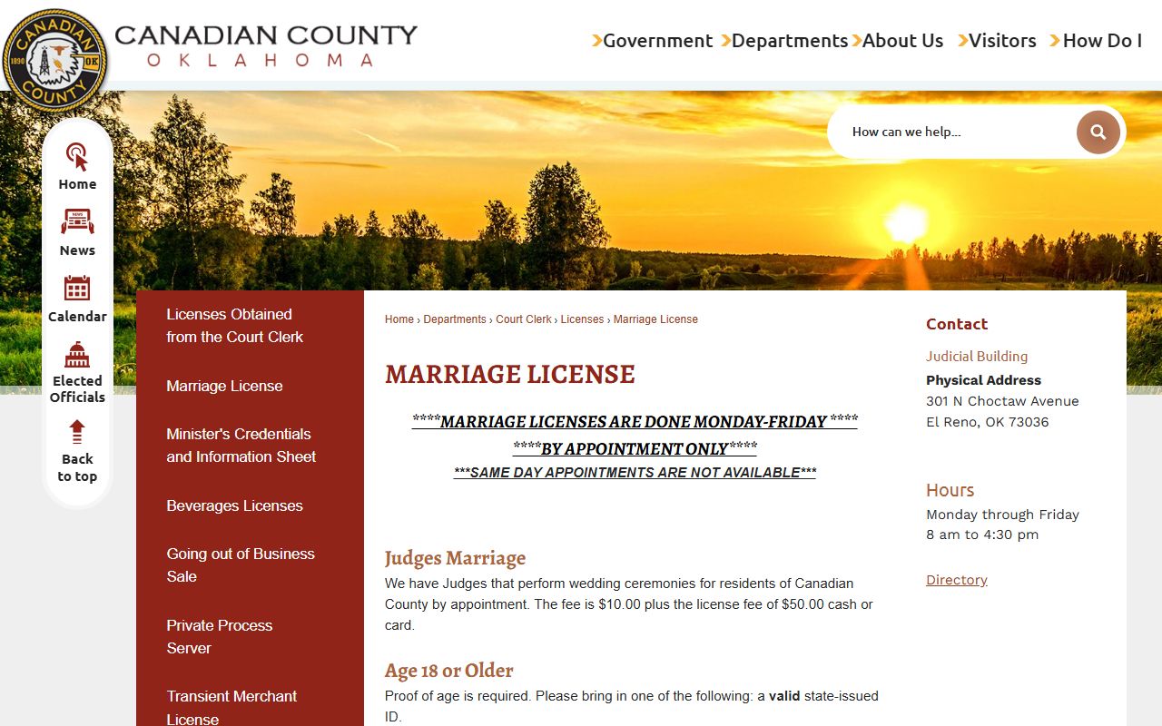 Canadian County Court Clerk marriage license court records page