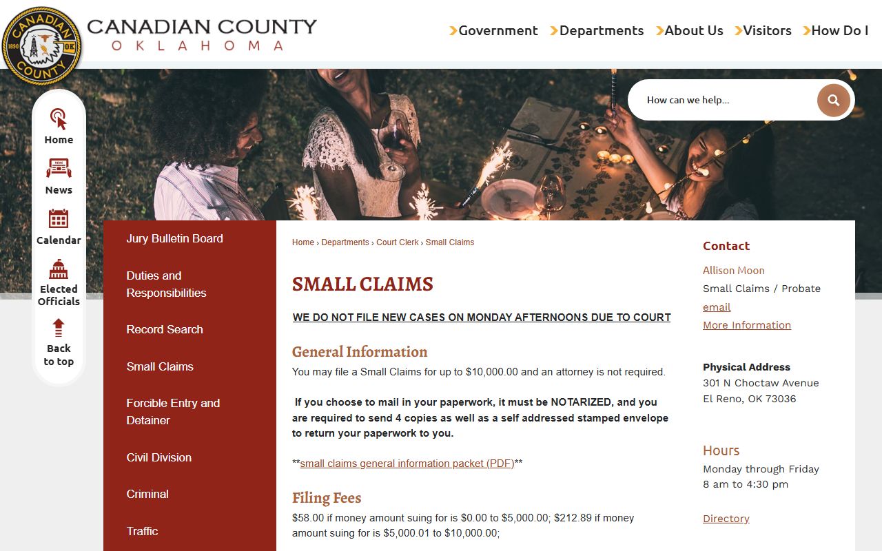Canadian County Court Clerk small claims court records page