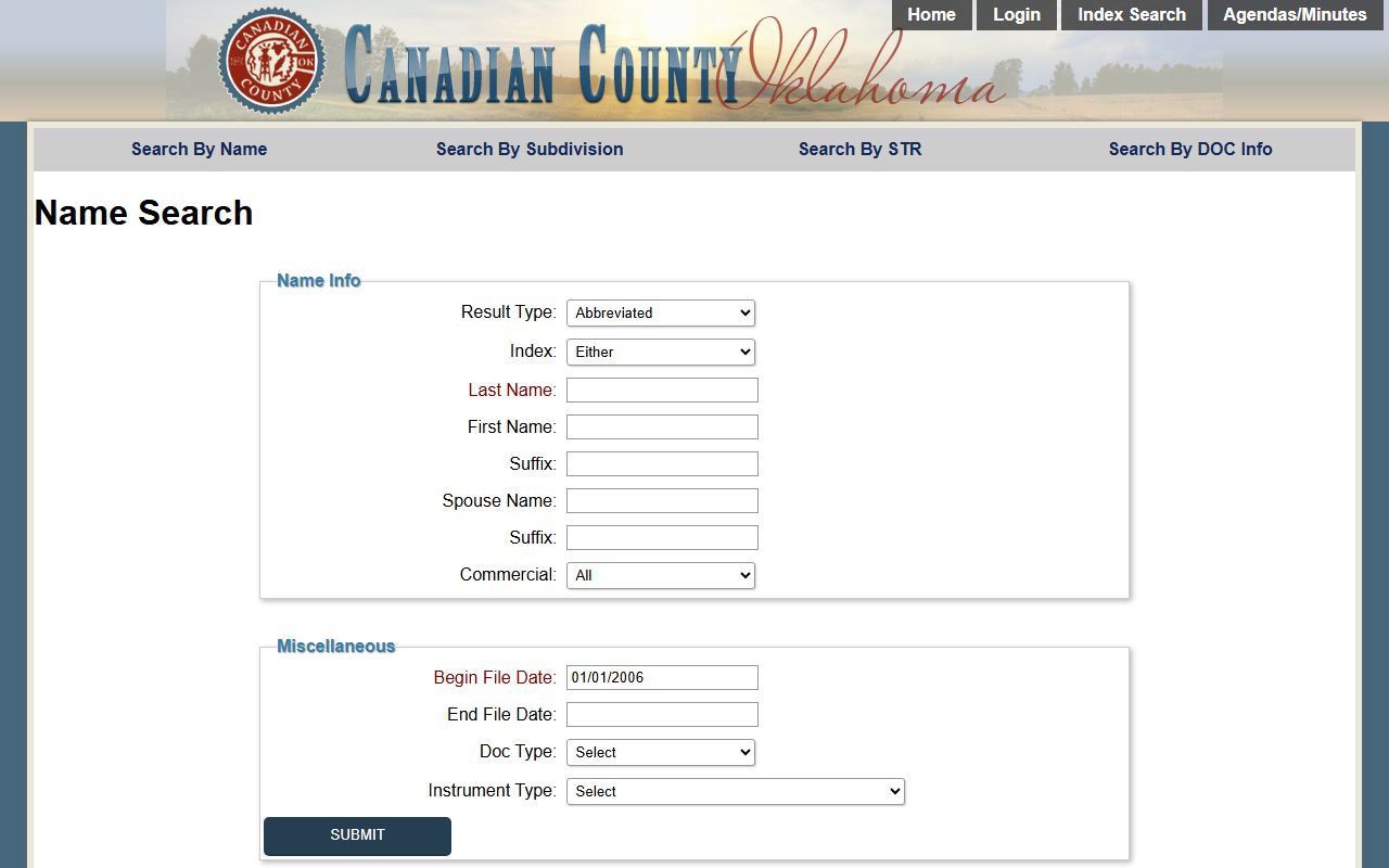 Canadian County Clerk land records search-by-name form with party and document filters