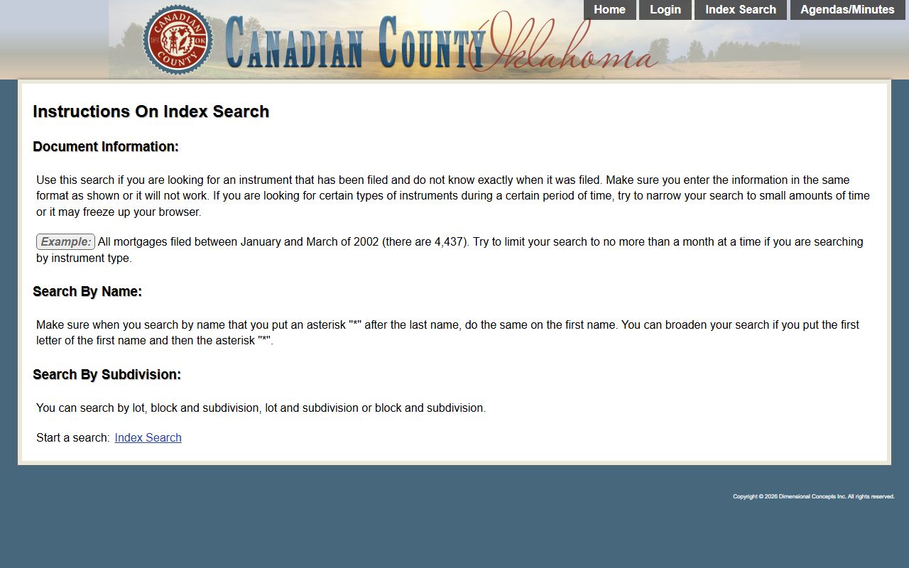 Canadian County Clerk land records portal home page and search instructions