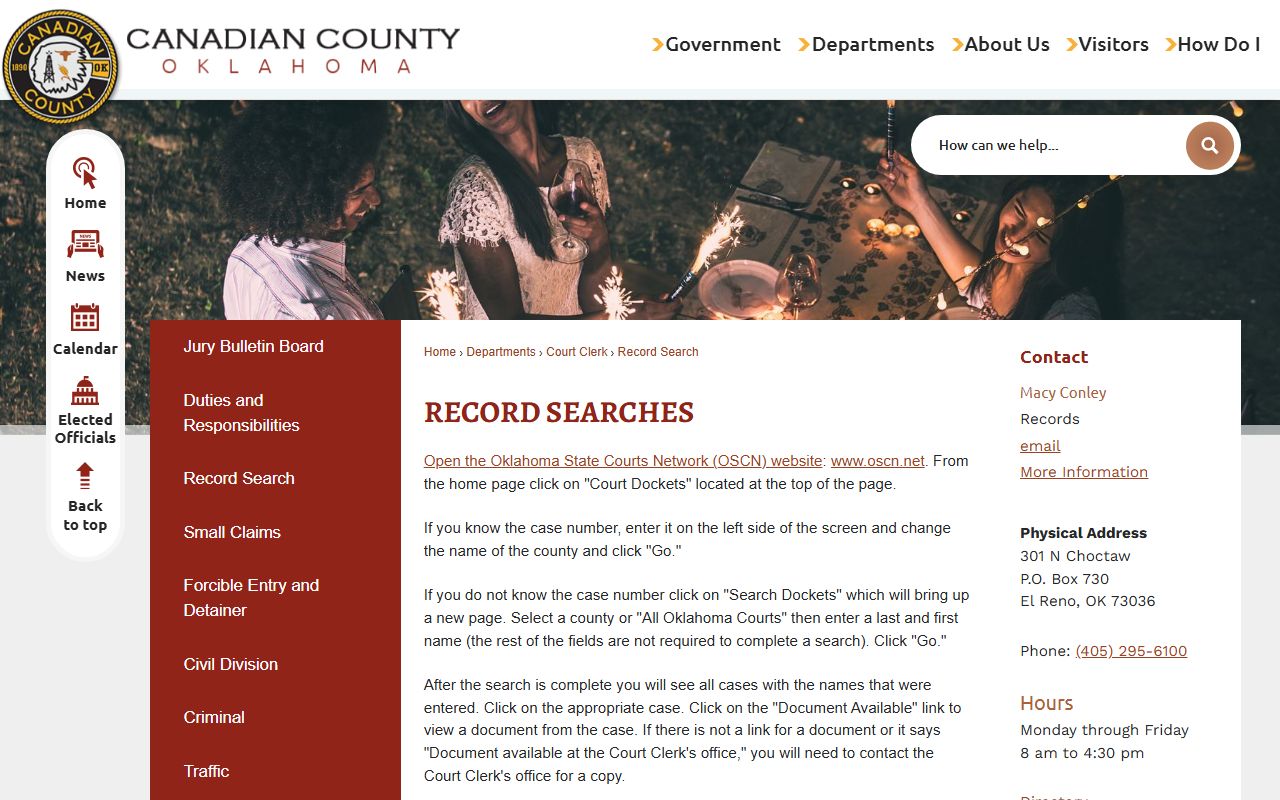Canadian County court records search instructions from the Court Clerk