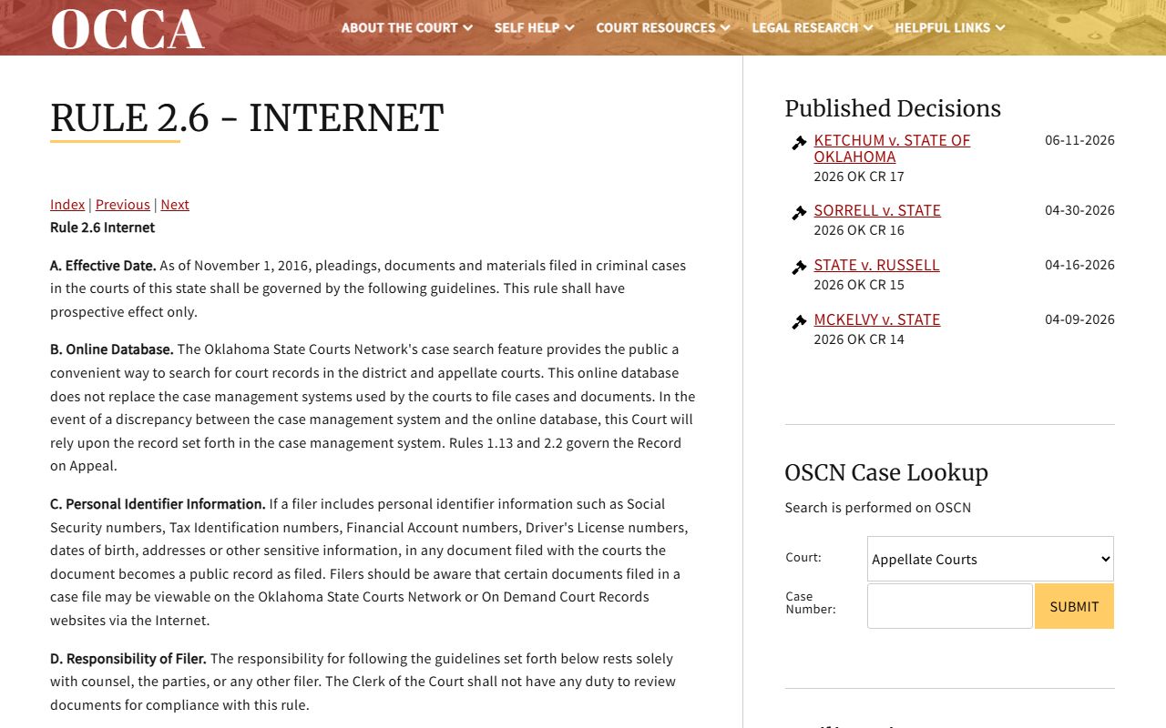 OCCA Rule 2.6 on Canadian County court records online access