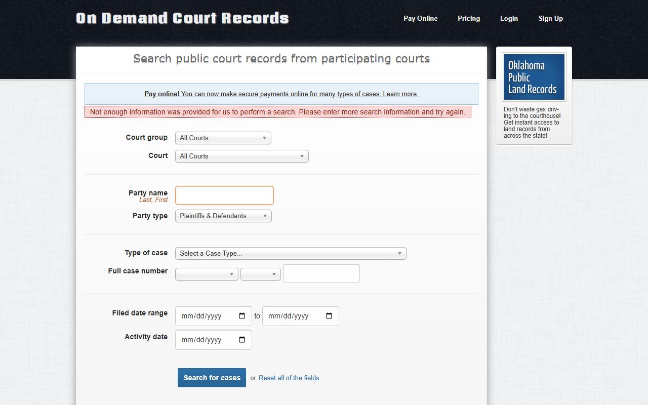 ODCR search page for Canadian County court records