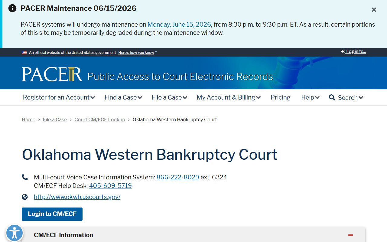 PACER CM/ECF lookup for the Western District of Oklahoma bankruptcy court serving Canadian County