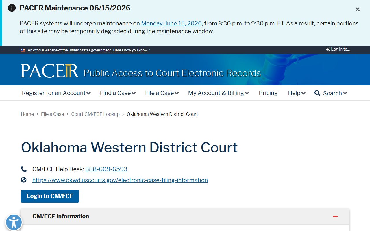 PACER CM/ECF lookup for the Western District of Oklahoma district court near Canadian County