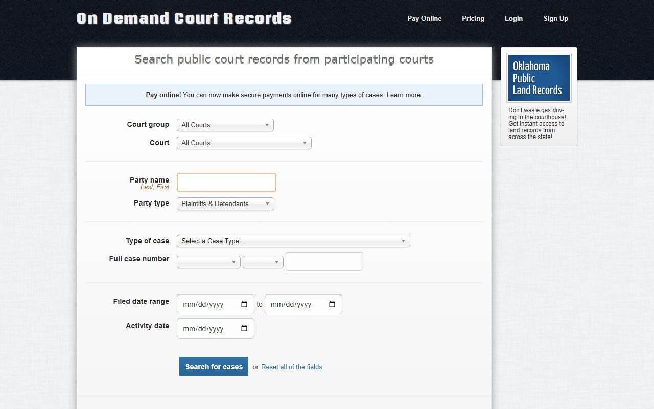 ODCR search page for Canadian County court records