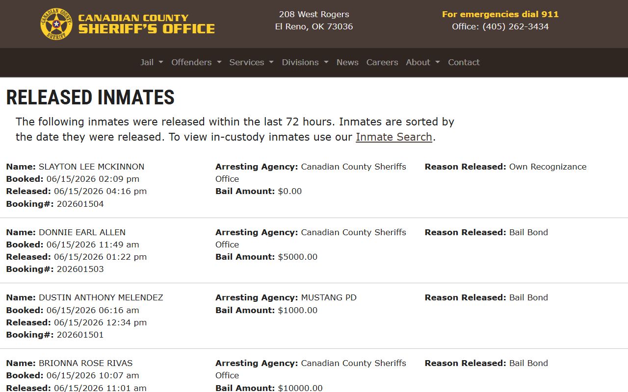 Canadian County released inmate jail list with booking and release fields