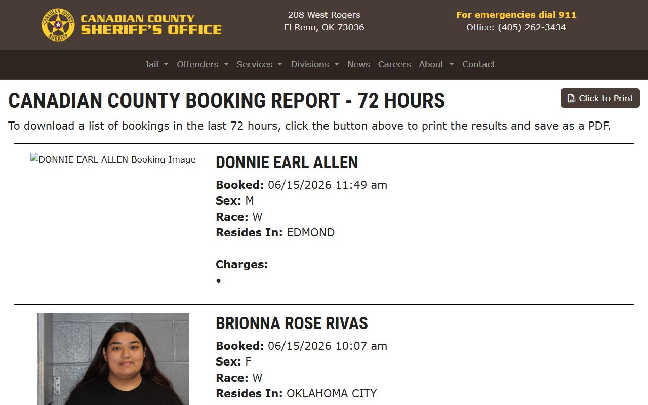 Canadian County weekly jail booking report for inmates booked in the last 72 hours