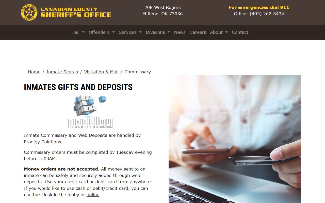 Canadian County jail inmate commissary and deposit instructions page