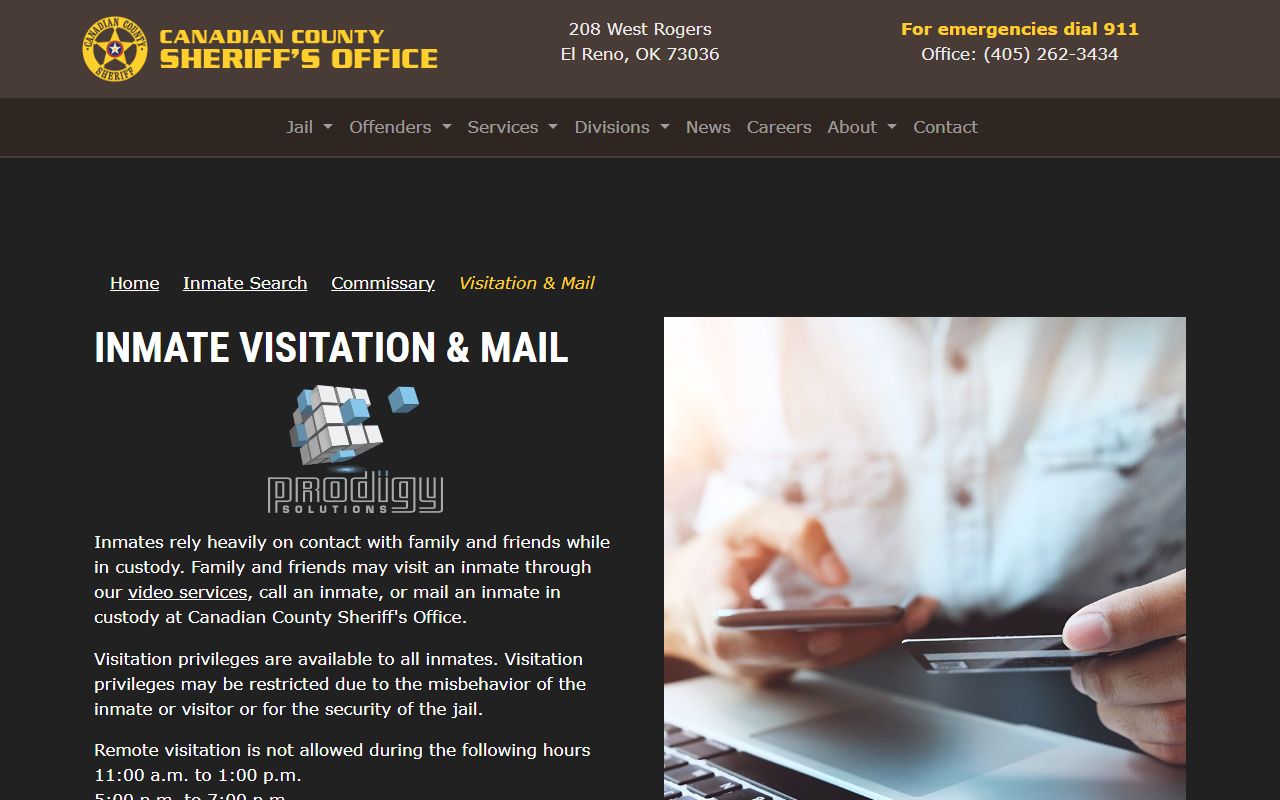 Canadian County jail inmate mail and visitation rules page