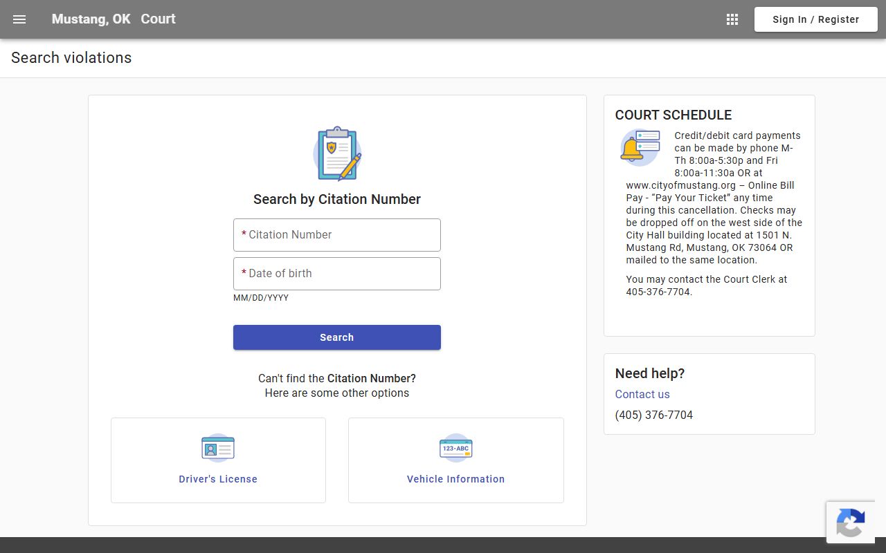 Mustang municipal portal for Canadian County traffic court records
