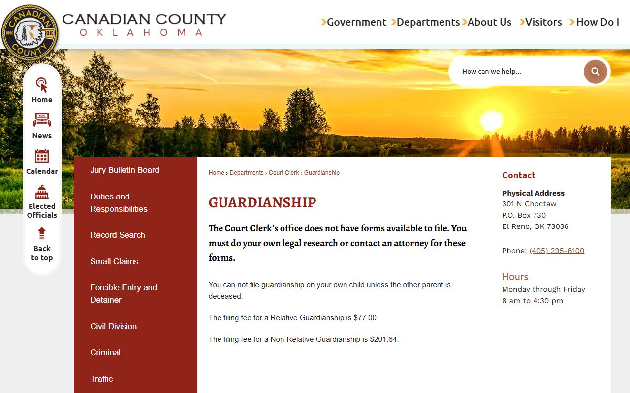 Canadian County probate records guardianship filing fees and rules page