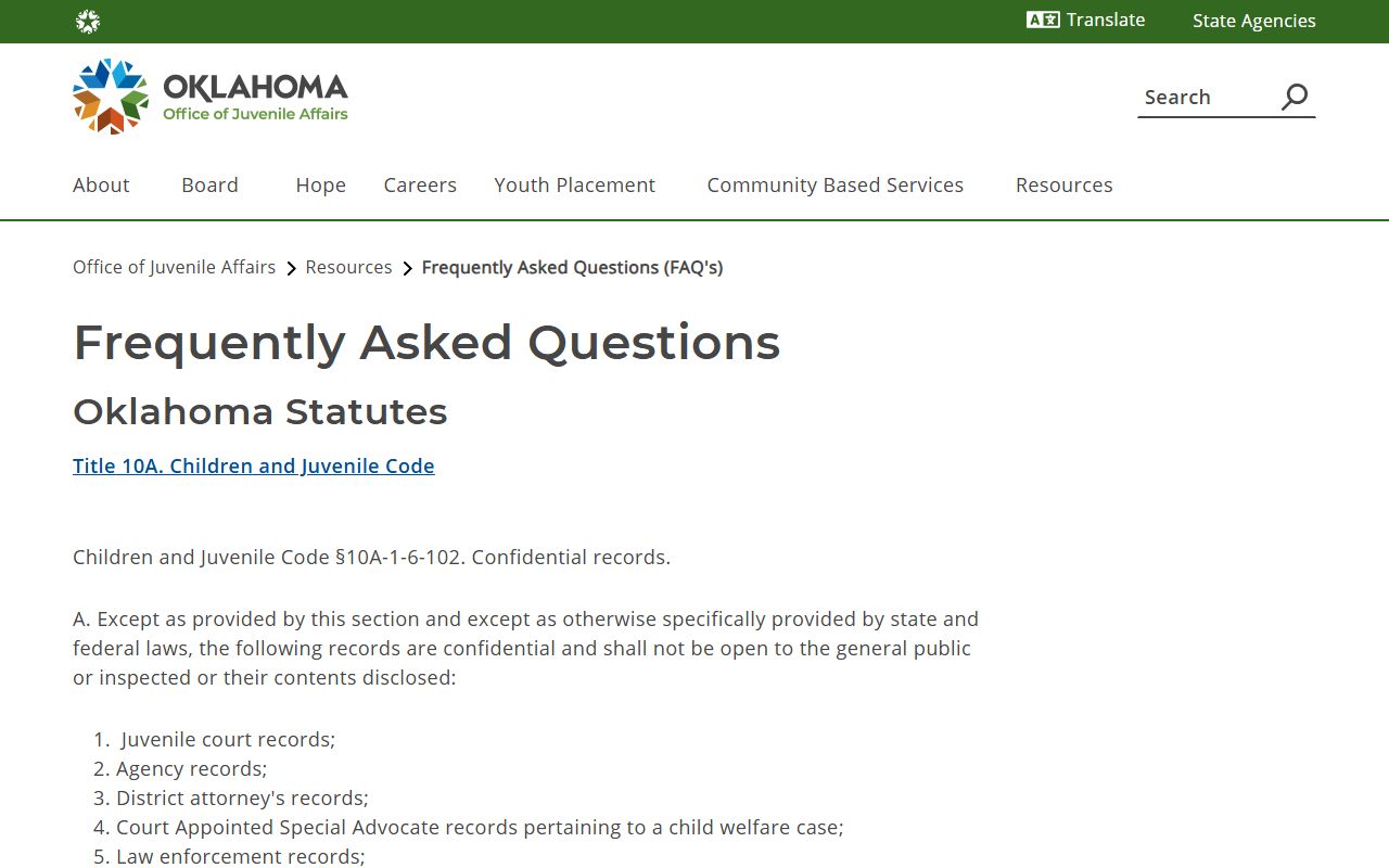 Canadian County probate records juvenile confidentiality FAQ from Oklahoma Office of Juvenile Affairs