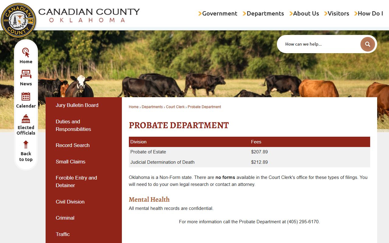 Canadian County probate records Probate Department page showing estate filing fees
