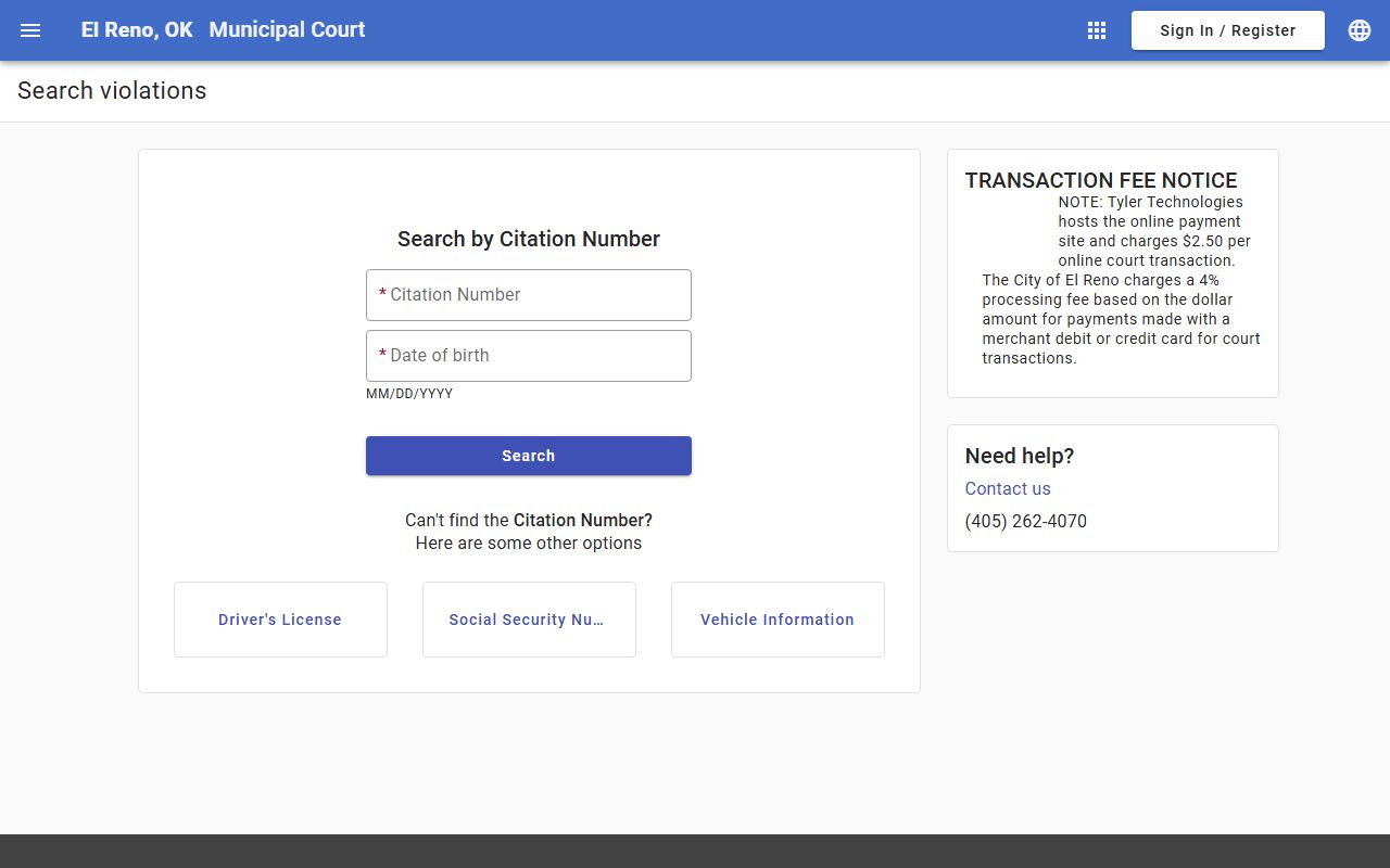 El Reno citation lookup page for Canadian County traffic court records