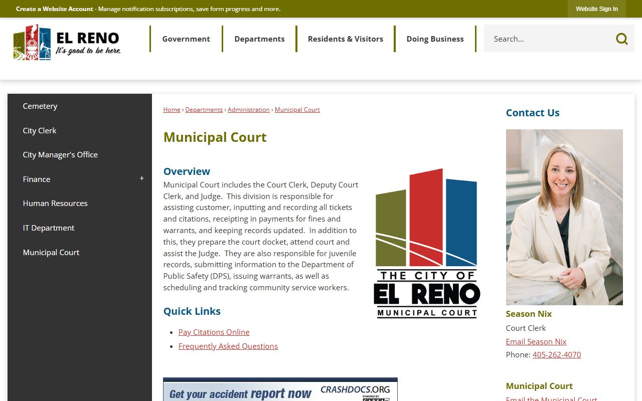 El Reno Municipal Court page for Canadian County traffic court records