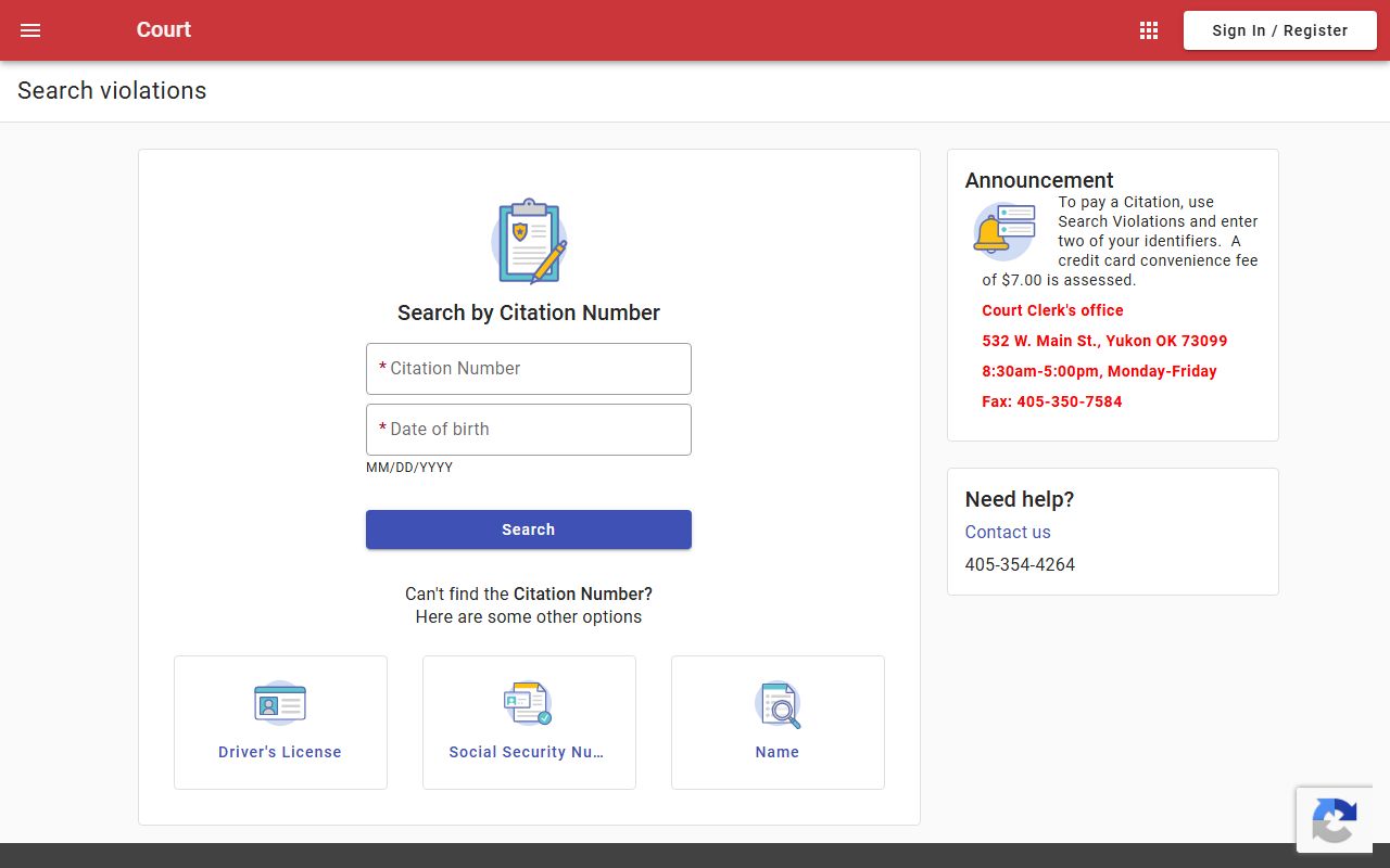 Yukon search portal for Canadian County traffic court records