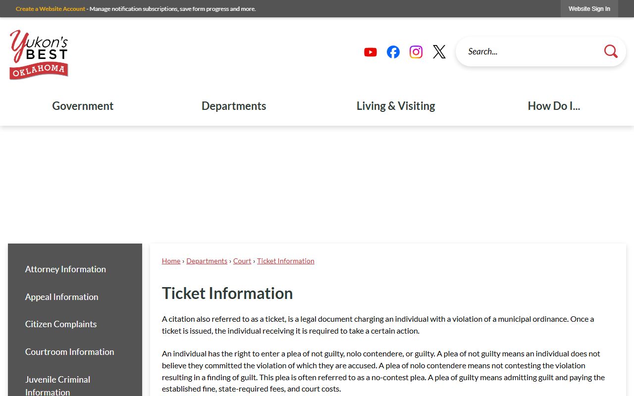 Yukon ticket information page for Canadian County traffic court records