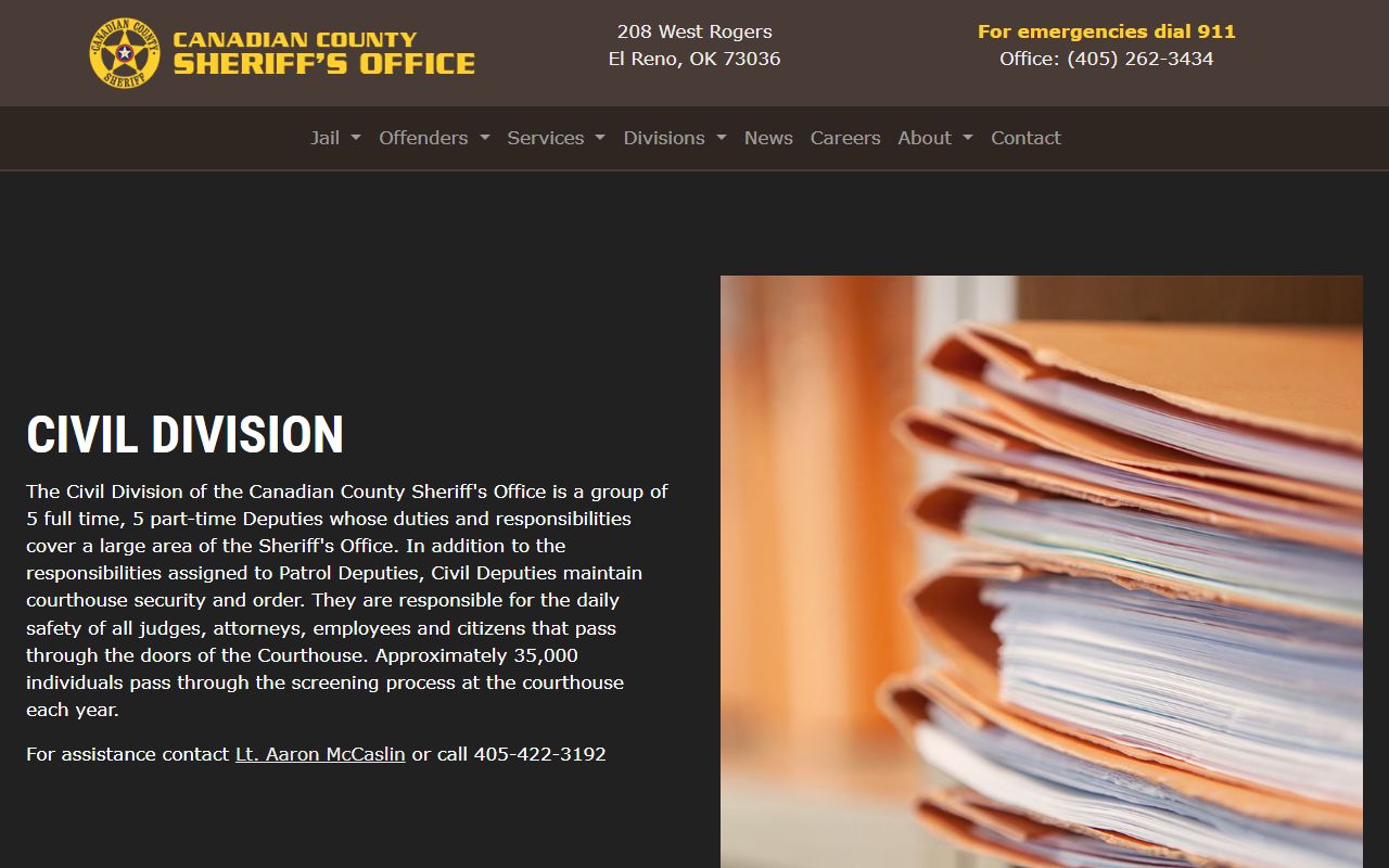 Canadian County Sheriff civil division warrant and process service page