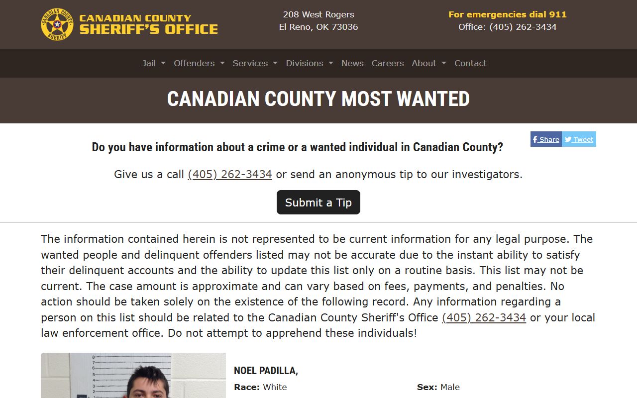 Canadian County warrant most wanted page on the Sheriff's website